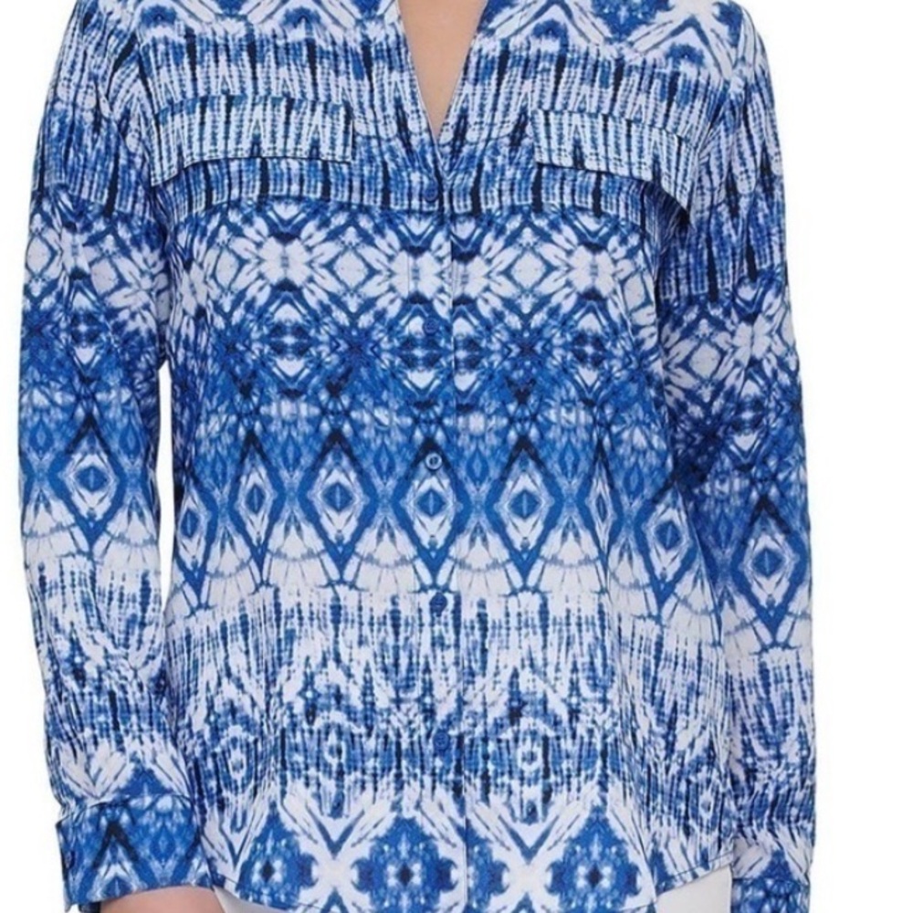 Calvin Klein Blue Graphic 3/4 Sleeve Blouse - Picture 3 of 8